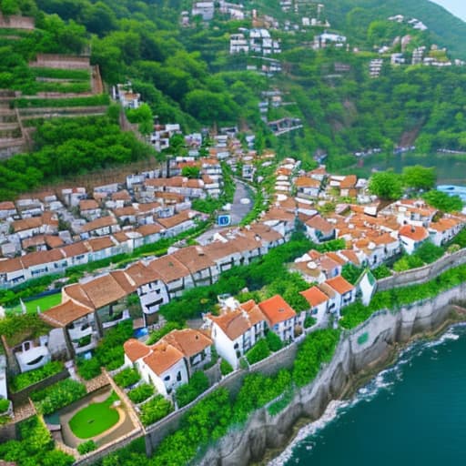  Aerial view of the village, taken by drone, with terraces and currents,