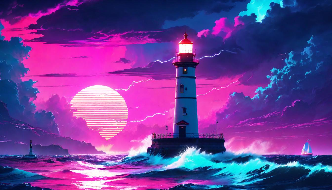  vaporwave,cyberpunk game style A beacon of light shining from a lighthouse onto a tumultuous sea, guiding ships through the storm, envisioning a hopeful future. Mood: Guidance, inspirational.eon, dystopian, futuristic, digital, vibrant, detailed, high contrast, reminiscent of cyberpunk genre video games,retro aesthetic, cyberpunk, vibrant, neon colors, vintage 80s and 90s style, highly detailed