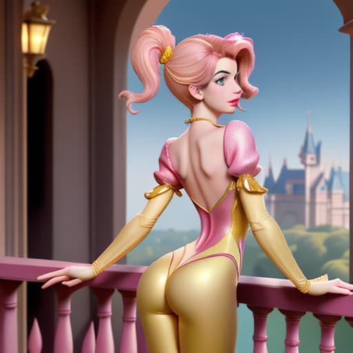  Anne Hathaway as Disney-like with amazing figures in bodytight,glittering,pink-yellow skinny short silk seen from the back showing some , deep over balcony of her palace