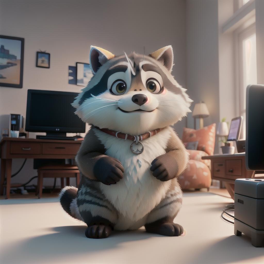  raccoon sitting in gaming chair front a computer on desktop, ((semi anthropomorphic)),(full body), tail, belly, sitting, fat, (chubby), (((white background))), solo, desktop, gaming chair, side view,  [[[clothes]]] hyperrealistic, full body, detailed clothing, highly detailed, cinematic lighting, stunningly beautiful, intricate, sharp focus, f/1. 8, 85mm, (centered image composition), (professionally color graded), ((bright soft diffused light)), volumetric fog, trending on instagram, trending on tumblr, HDR 4K, 8K