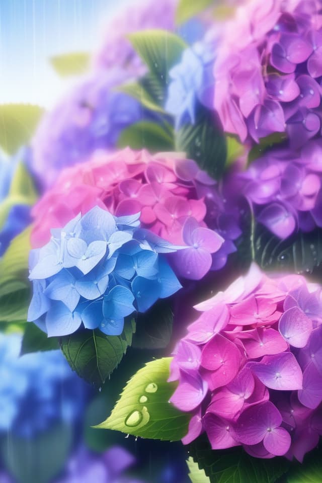  hydrangea,(many hydrangeas) masterpiece,after rain,rainbow,sunlight,high quality,8k