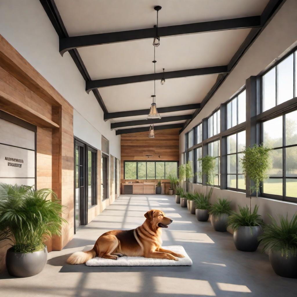  An architectural design of a dog boarding facility that was originally a horse stable. The remodeled facility should maintain some of the original rustic charm of the horse stable, such as wooden beams and large barn doors. The design should include ample kennels equipped with cozy bedding, a spacious play area with grass and agility equipment, storage areas for food and supplies, clean and well-ventilated sleeping areas, and a welcoming reception area for pet owners. The use of natural light and open spaces should be emphasized to create a warm and inviting atmosphere for dogs. There should also be safe, enclosed outdoor running areas where dogs can play freely. hyperrealistic, full body, detailed clothing, highly detailed, cinematic lighting, stunningly beautiful, intricate, sharp focus, f/1. 8, 85mm, (centered image composition), (professionally color graded), ((bright soft diffused light)), volumetric fog, trending on instagram, trending on tumblr, HDR 4K, 8K