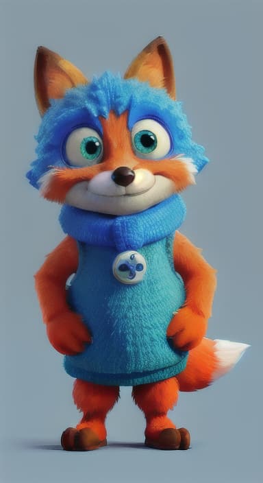  {Error the fox pressing the blue button with his paw, looking puzzled as nothing occurs., Error is a small, bright orange fox with a fluffy tail and big, inquisitive eyes. He has a mischievous yet kind expression and wears a tiny green scarf.