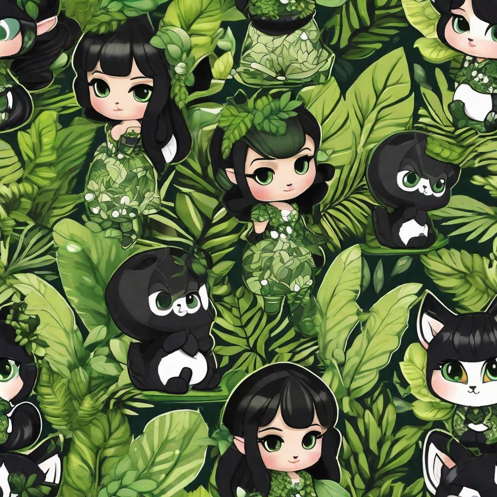  Design a captivating print all over pattern featuring a black ebony chibi and lush green foliage. Utilize copyright-free images of chibi characters and vint greenery to create a and enchanting design. Ensure the design is print-ready, with high-definition glossy finishes, ready to be applied to a variety of products. hyperrealistic, full body, detailed clothing, highly detailed, cinematic lighting, stunningly beautiful, intricate, sharp focus, f/1. 8, 85mm, (centered image composition), (professionally color graded), ((bright soft diffused light)), volumetric fog, trending on instagram, trending on tumblr, HDR 4K, 8K