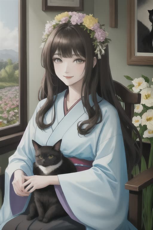  Kimono,dark brown hair,long hair,smiling,she is holding a black cat,beautiful eyes,upper body,high quality,white skin,sitting on a chair,surrounded by various flowers,low saturation,portrait,fine line drawing,fine detail,soft light ,beautiful,delicate painting,high resolution,high quality,