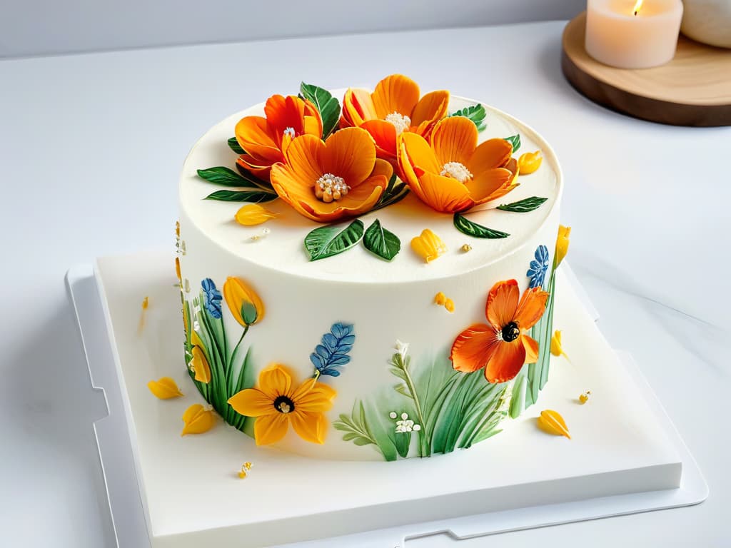  An ultradetailed image of a delicate, handpainted watercolor cake adorned with intricate floral designs using edible paint. The cake sits on a minimalist white marble table, creating a striking contrast that highlights the vibrant colors of the edible artwork. Each brushstroke and petal is meticulously detailed, showcasing the skill and artistry involved in using edible paint for creative baking. The image exudes elegance and sophistication, perfectly complementing the professional and inspirational tone of the article. hyperrealistic, full body, detailed clothing, highly detailed, cinematic lighting, stunningly beautiful, intricate, sharp focus, f/1. 8, 85mm, (centered image composition), (professionally color graded), ((bright soft diffused light)), volumetric fog, trending on instagram, trending on tumblr, HDR 4K, 8K