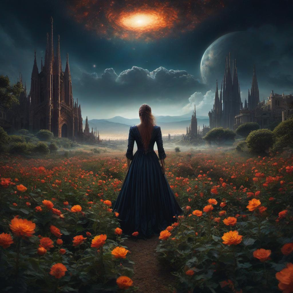  (stylized by Tomasz Alen Kopera:1.3) , dark art, dense flower field and Perseid meteor in background, landscape of a (Barcelona:1.2) , very Bizarre and 1600'S, Hurricane, Glitchcore, Amaro, layered textures, ornate, intricate artistic color, complimentary colors, very inspirational, atmosphere, fine artistic composition, sunny, theatrical hyperrealistic, full body, detailed clothing, highly detailed, cinematic lighting, stunningly beautiful, intricate, sharp focus, f/1. 8, 85mm, (centered image composition), (professionally color graded), ((bright soft diffused light)), volumetric fog, trending on instagram, trending on tumblr, HDR 4K, 8K