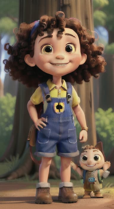  {The tree with a smiling face formed by its bark, looking down at Riley., Riley, a curious with big brown eyes and curly hair, wearing overalls and carrying a small backpack. Their friend, Skye, a bluebird with shiny feathers.