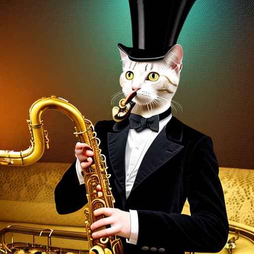  A surreal portrait of a cat wearing a top hat, playing a saxophone in a jazz club