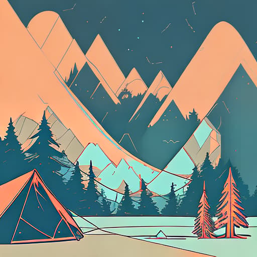 nvinkpunk Whimsical mountains with trees, camping tent and fire