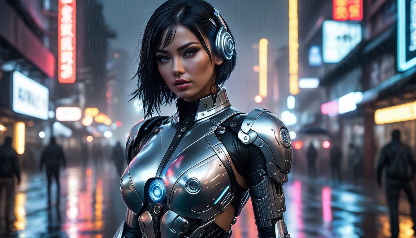  Cyborg girl. Silver metal. Black hair. Night city. Neon. Rain. Night. hyperrealistic, full body, detailed clothing, highly detailed, cinematic lighting, stunningly beautiful, intricate, sharp focus, f/1. 8, 85mm, (centered image composition), (professionally color graded), ((bright soft diffused light)), volumetric fog, trending on instagram, trending on tumblr, HDR 4K, 8K