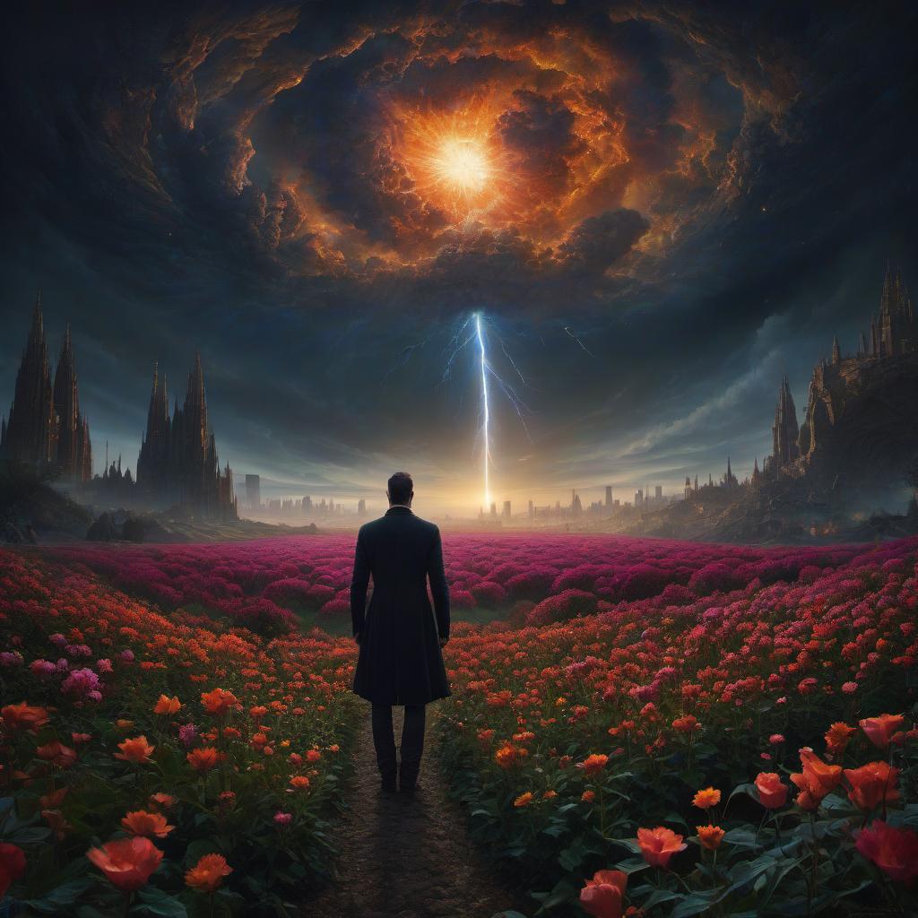  (stylized by Tomasz Alen Kopera:1.3) , dark art, dense flower field and Perseid meteor in background, landscape of a (Barcelona:1.2) , very Bizarre and 1600'S, Hurricane, Glitchcore, Amaro, layered textures, ornate, intricate artistic color, complimentary colors, very inspirational, atmosphere, fine artistic composition, sunny, theatrical hyperrealistic, full body, detailed clothing, highly detailed, cinematic lighting, stunningly beautiful, intricate, sharp focus, f/1. 8, 85mm, (centered image composition), (professionally color graded), ((bright soft diffused light)), volumetric fog, trending on instagram, trending on tumblr, HDR 4K, 8K