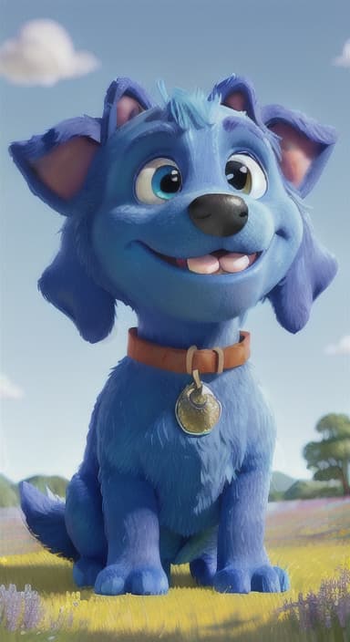  {A happy, big blue dog wagging its tail in a colorful meadow, The big blue dog is large with sky blue fur, big round eyes, a black nose, and floppy ears.