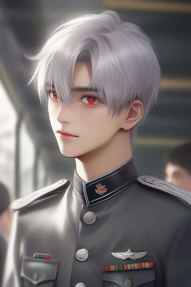  Silver hair, red eyes color, military uniform, sharp eyes, tall,, (upper body only), (short hair), (super beautiful young man), (close up)