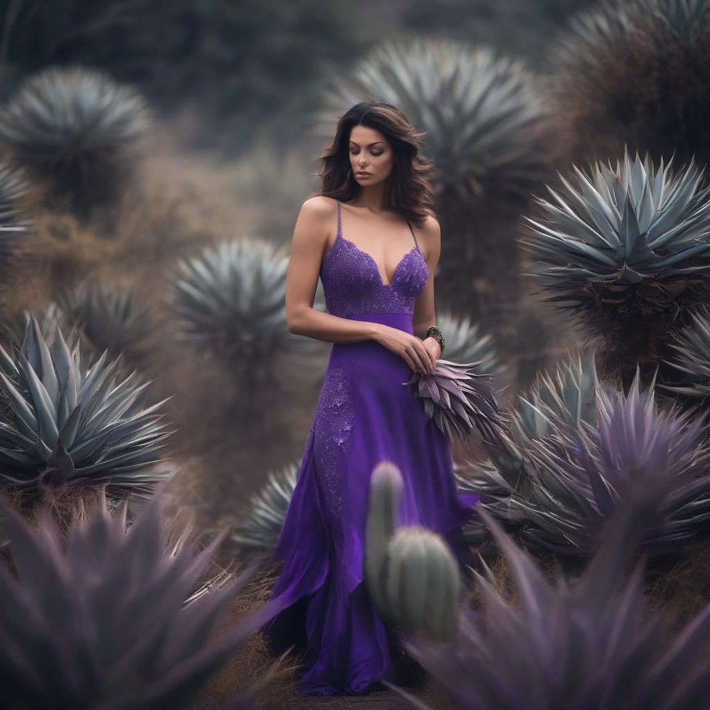  Sad beauty in a violet dress with an agave plant hyperrealistic, full body, detailed clothing, highly detailed, cinematic lighting, stunningly beautiful, intricate, sharp focus, f/1. 8, 85mm, (centered image composition), (professionally color graded), ((bright soft diffused light)), volumetric fog, trending on instagram, trending on tumblr, HDR 4K, 8K