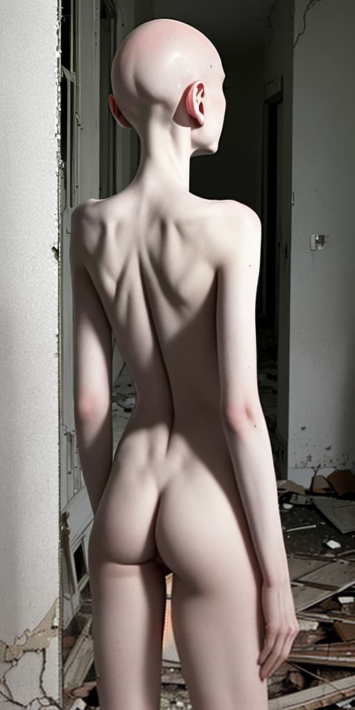  bald-girl, very thin, naked, with her back, in an abandoned place