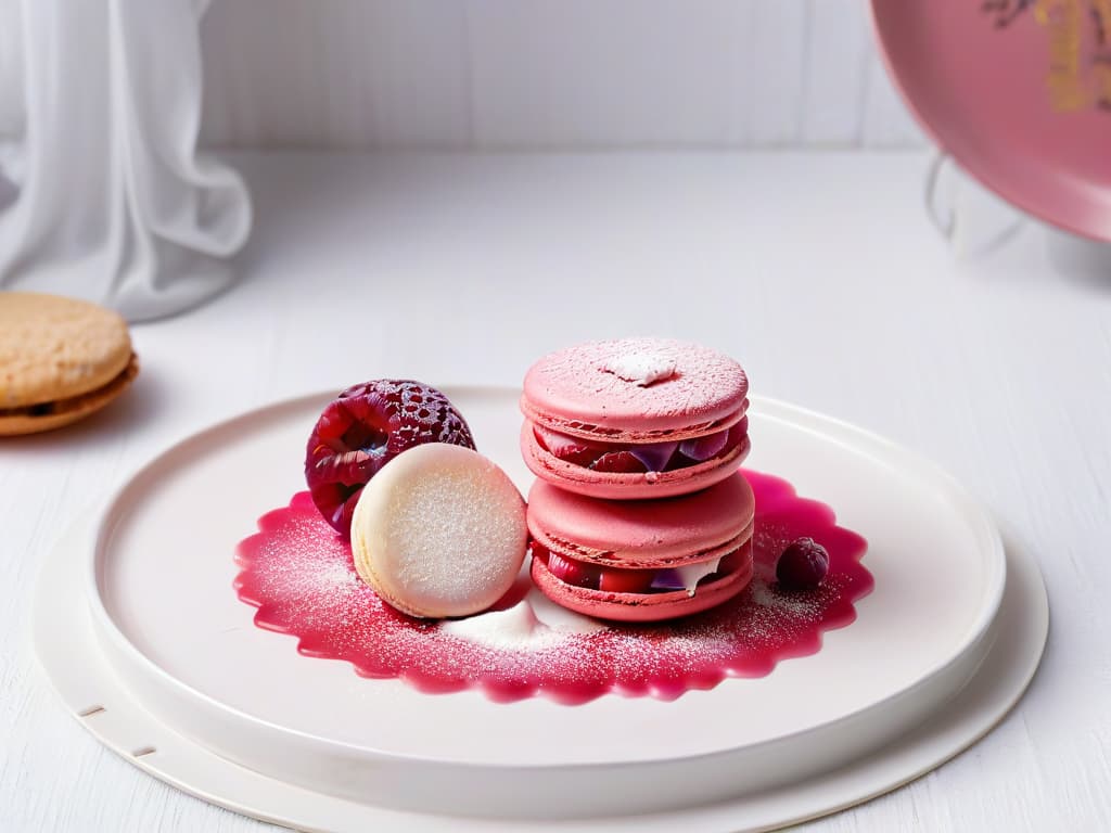  A closeup, ultradetailed image of a delicate raspberry macaron placed on a white porcelain plate, with subtle brushstroke patterns of pastel colors mimicking an impressionist painting in the background. The macaron's surface reflects a soft, natural light, showcasing its glossy texture and intricate details, such as tiny sugar crystals and a dusting of edible gold powder. The plate rests on a rustic wooden table, adding a touch of warmth and contrast to the overall composition. hyperrealistic, full body, detailed clothing, highly detailed, cinematic lighting, stunningly beautiful, intricate, sharp focus, f/1. 8, 85mm, (centered image composition), (professionally color graded), ((bright soft diffused light)), volumetric fog, trending on instagram, trending on tumblr, HDR 4K, 8K