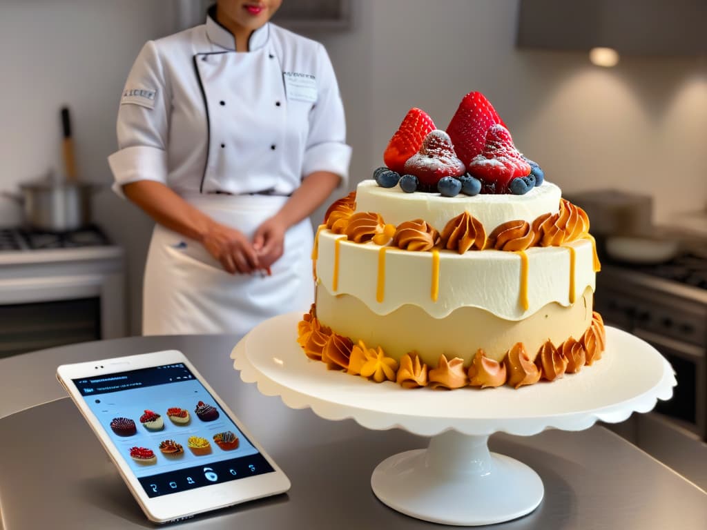  A photorealistic image of a professional pastry chef in a modern kitchen, surrounded by digital tablets displaying intricate cake designs created using Autodesk SketchBook. The chef is focused and inspired, sketching out innovative and trendy pastry ideas with precision and creativity. The scene captures the seamless blend of traditional culinary artistry with cuttingedge digital tools, emphasizing the limitless possibilities of SketchBook in the world of digital pastry design. hyperrealistic, full body, detailed clothing, highly detailed, cinematic lighting, stunningly beautiful, intricate, sharp focus, f/1. 8, 85mm, (centered image composition), (professionally color graded), ((bright soft diffused light)), volumetric fog, trending on instagram, trending on tumblr, HDR 4K, 8K