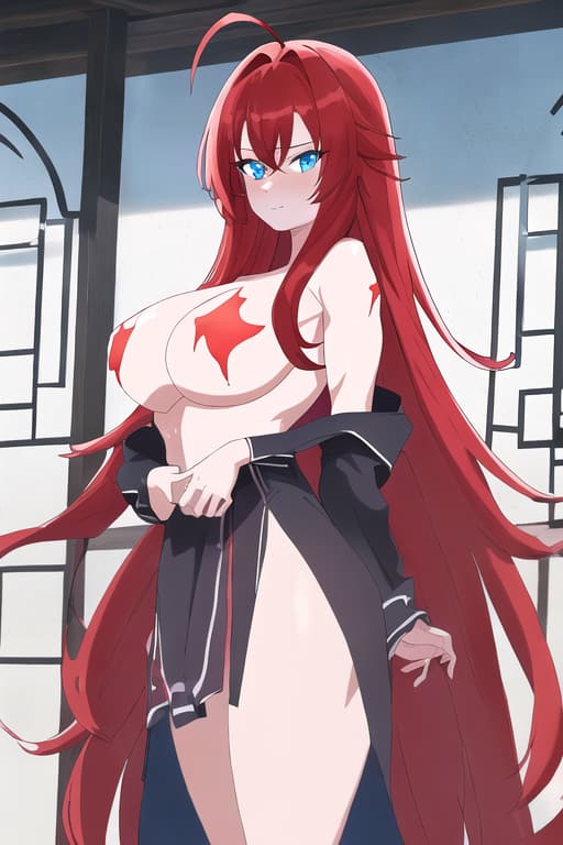  no ,bare,no shirt,no clothes,ing ,masterpiece, best quality, 1women, long red hair, looking at viewer, :3, cute, black uniform, outdoors, streets, cowboy shot, curvy, (((blue eyes))), rias gremory, red hair, antenna hair, wavy hair, ((beautiful detailed eyes, beautiful detailed glow, lots of glow)), anime screencap