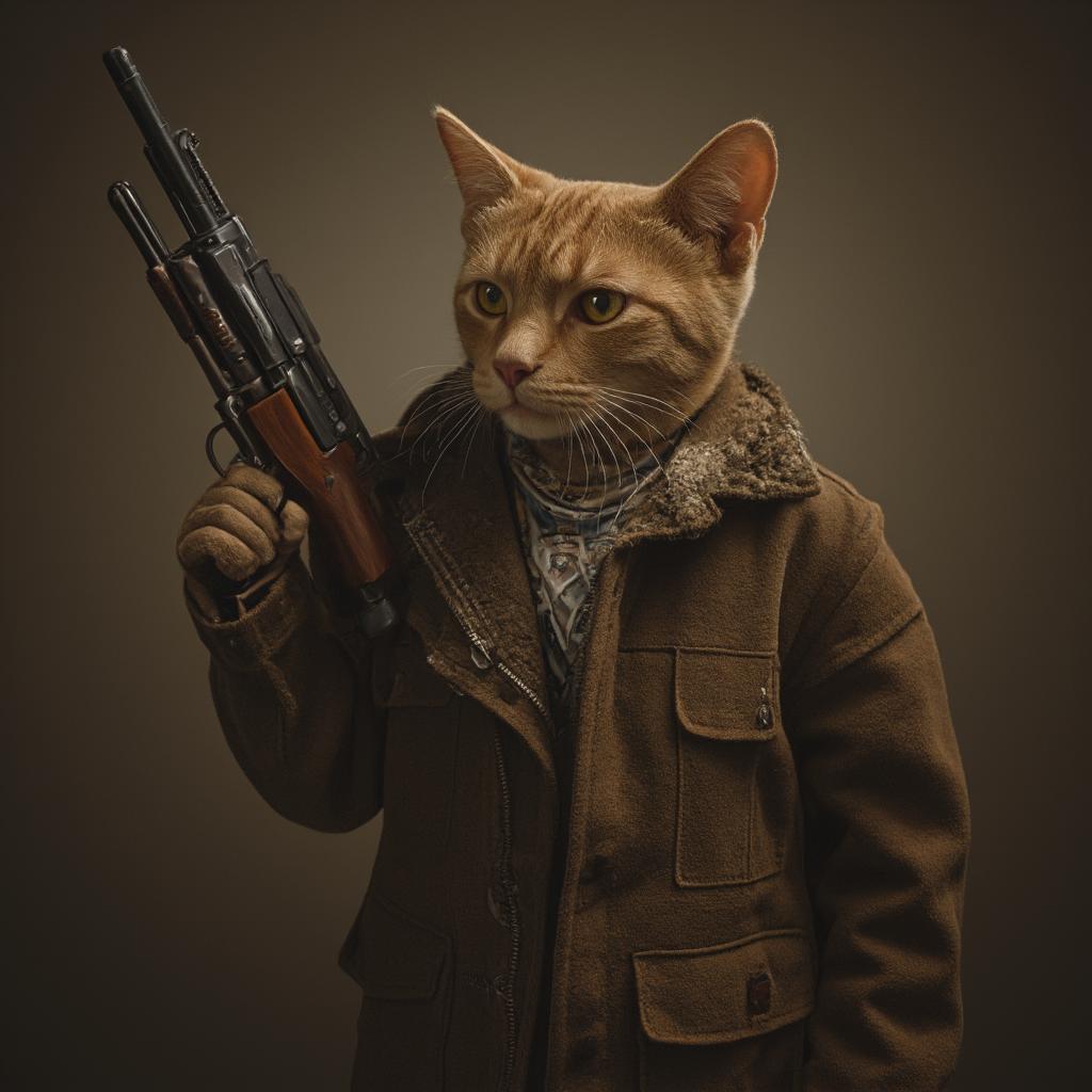  good quality, high quality, a cat with human with gun