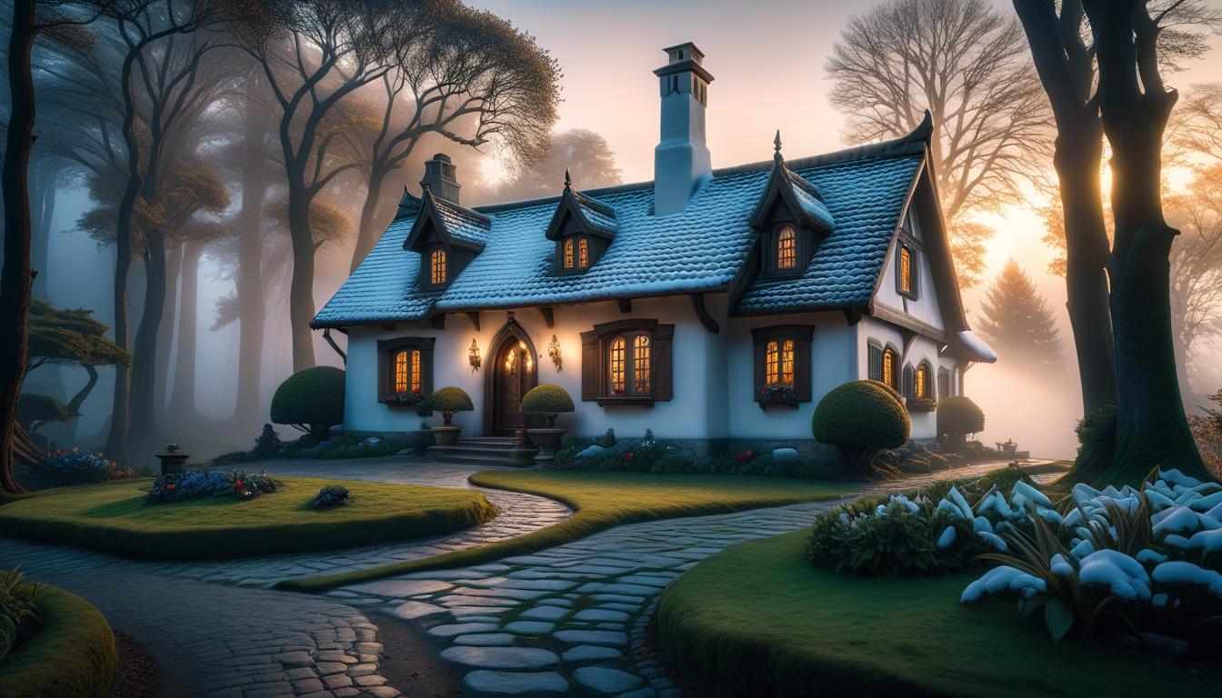  hyperrealistic art Snow White's house . extremely high resolution details, photographic, realism pushed to extreme, fine texture, incredibly lifelike hyperrealistic, full body, detailed clothing, highly detailed, cinematic lighting, stunningly beautiful, intricate, sharp focus, f/1. 8, 85mm, (centered image composition), (professionally color graded), ((bright soft diffused light)), volumetric fog, trending on instagram, trending on tumblr, HDR 4K, 8K