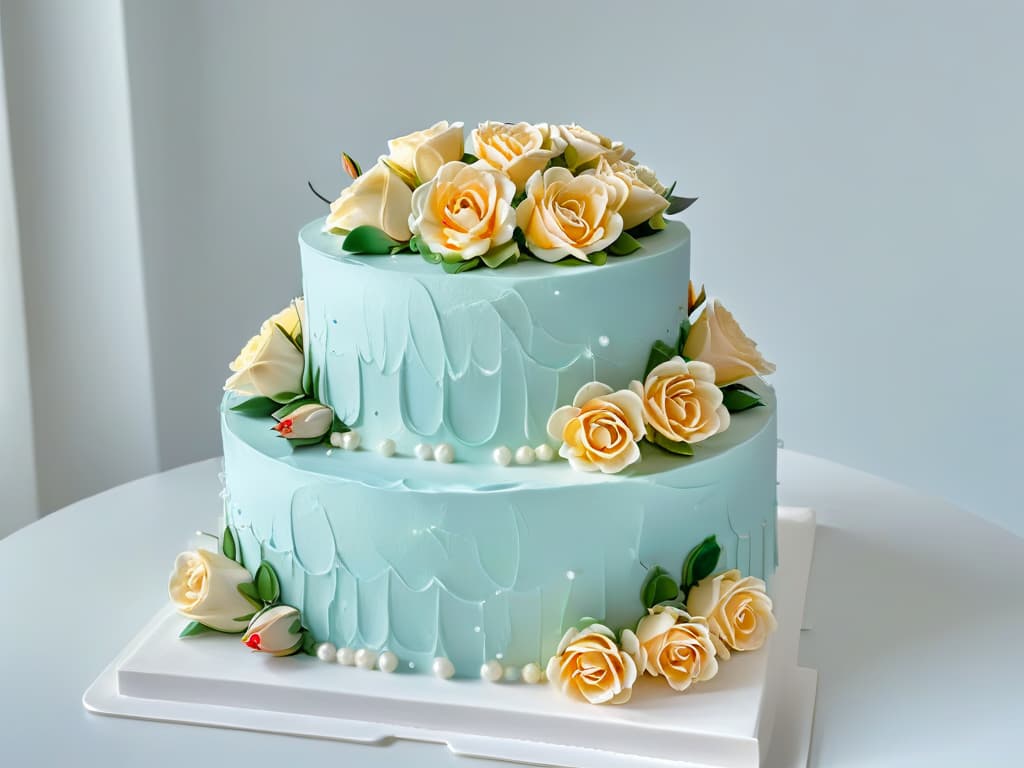  A closeup, highresolution image of an elegantly decorated threetiered wedding cake, showcasing intricate floral piping details and delicate sugar roses in soft pastel hues, set against a simple, white background. hyperrealistic, full body, detailed clothing, highly detailed, cinematic lighting, stunningly beautiful, intricate, sharp focus, f/1. 8, 85mm, (centered image composition), (professionally color graded), ((bright soft diffused light)), volumetric fog, trending on instagram, trending on tumblr, HDR 4K, 8K