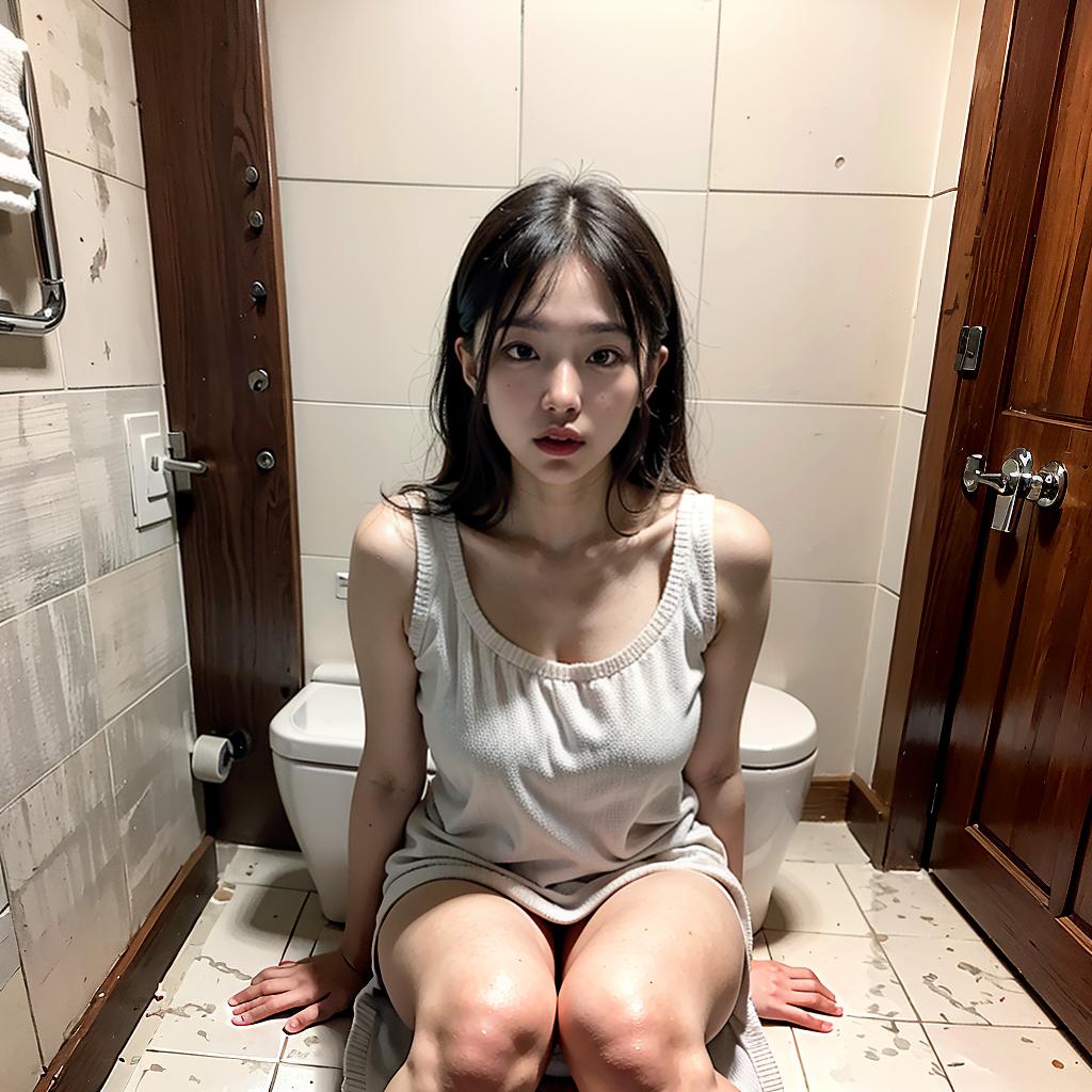  masterpiece, best quality, ultra high quality, slum interior tiny room with bed with pillow and blanket, rack, ((toilet stall)), broken mirror, pile of trash, dirty, plastic waste, puddle, dim light, futuristic, ornate, detail, 1 , solo, o actress, korea idol face, beauty face, shiny skin, (a pained look with one's mouth open), (, huge , huge ), ((sit on the toilet with one's legs apart, vulva, wide open leg, all body show, hole))
