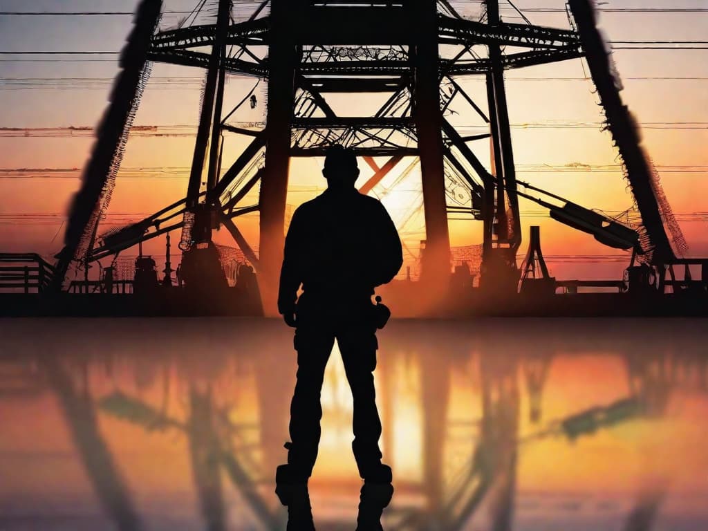  A rising graph overlaid on an oil rig silhouette against a sunset, with a stock market ticker tape running along the bottom edge of the image. digital art, ilustration, no flares, clean hyperrealistic, full body, detailed clothing, highly detailed, cinematic lighting, stunningly beautiful, intricate, sharp focus, f/1. 8, 85mm, (centered image composition), (professionally color graded), ((bright soft diffused light)), volumetric fog, trending on instagram, trending on tumblr, HDR 4K, 8K