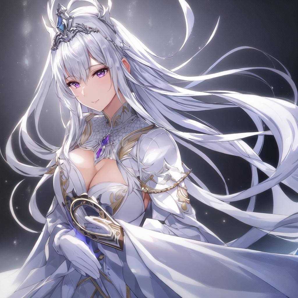  portrait, masterpiece, best quality, high res, (solo:1.5), 1female, fairly white skin, long blue silver hair, purple eyes, queen tiara, silk cloths, white silk gloves, necklace, beautiful, charming expression, front shot, illustration, high res, good detailed hyperrealistic, full body, detailed clothing, highly detailed, cinematic lighting, stunningly beautiful, intricate, sharp focus, f/1. 8, 85mm, (centered image composition), (professionally color graded), ((bright soft diffused light)), volumetric fog, trending on instagram, trending on tumblr, HDR 4K, 8K