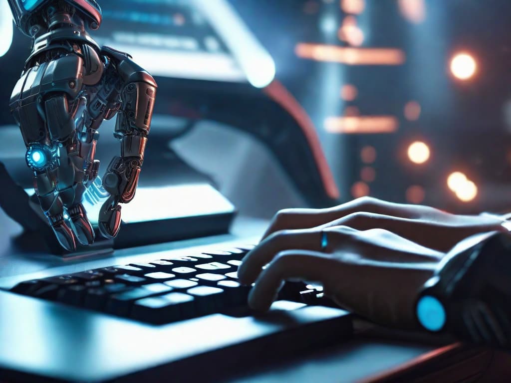  A futuristic robot hand typing on a keyboard with a glowing AI symbol in the background. digital art, ilustration, no flares, clean hyperrealistic, full body, detailed clothing, highly detailed, cinematic lighting, stunningly beautiful, intricate, sharp focus, f/1. 8, 85mm, (centered image composition), (professionally color graded), ((bright soft diffused light)), volumetric fog, trending on instagram, trending on tumblr, HDR 4K, 8K