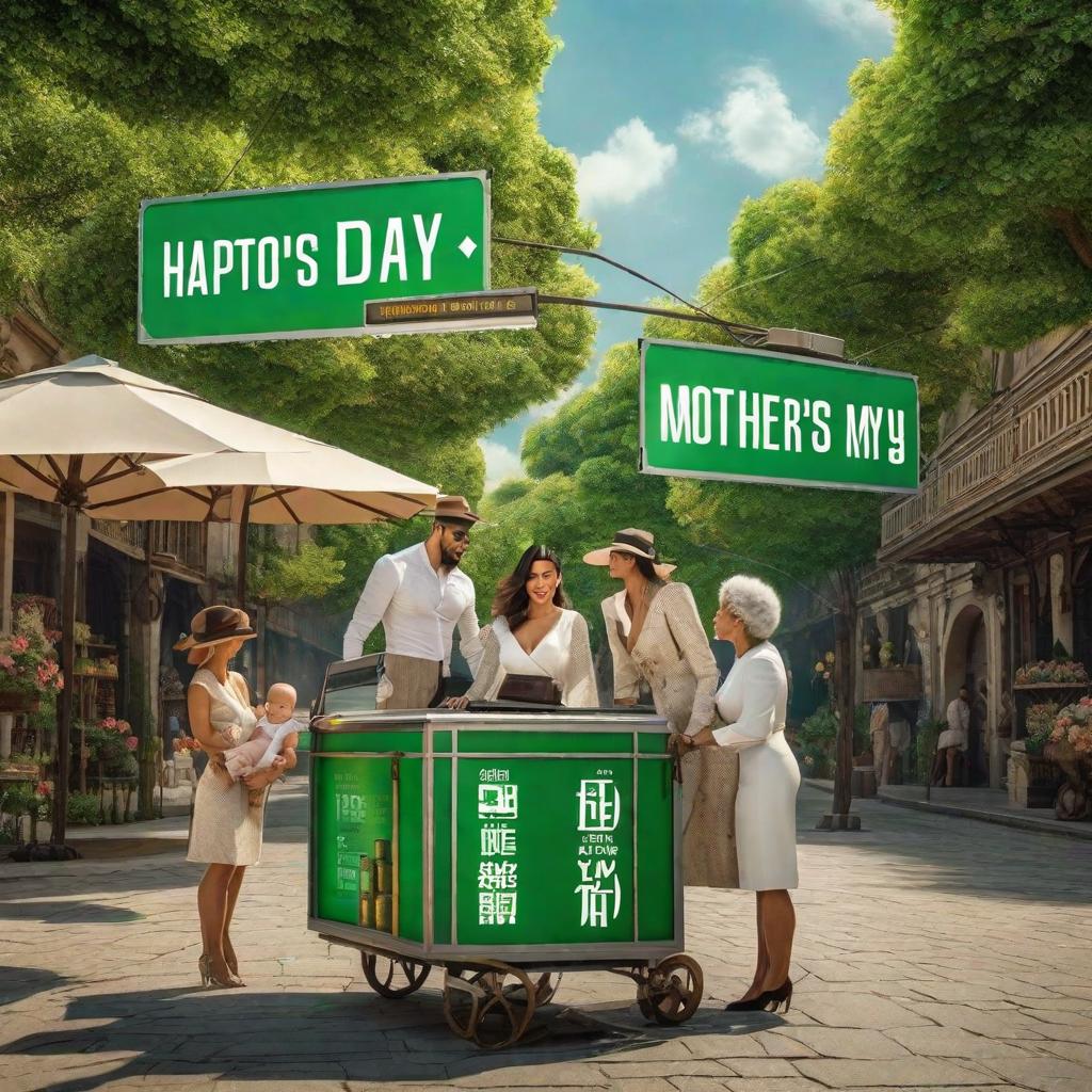  sign happy mother's day with lady  money bright sky computer screen matrix green with babies hyperrealistic, full body, detailed clothing, highly detailed, cinematic lighting, stunningly beautiful, intricate, sharp focus, f/1. 8, 85mm, (centered image composition), (professionally color graded), ((bright soft diffused light)), volumetric fog, trending on instagram, trending on tumblr, HDR 4K, 8K