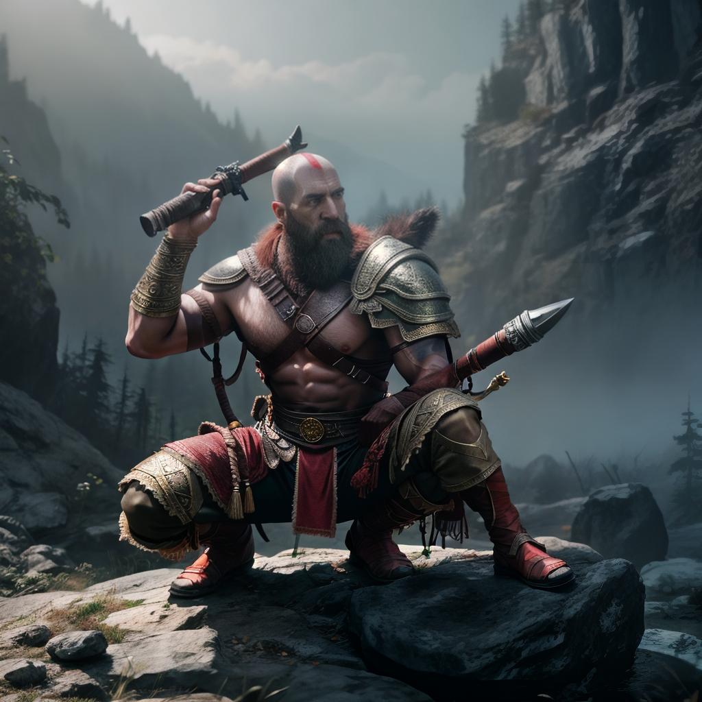  God of war hyperrealistic, full body, detailed clothing, highly detailed, cinematic lighting, stunningly beautiful, intricate, sharp focus, f/1. 8, 85mm, (centered image composition), (professionally color graded), ((bright soft diffused light)), volumetric fog, trending on instagram, trending on tumblr, HDR 4K, 8K