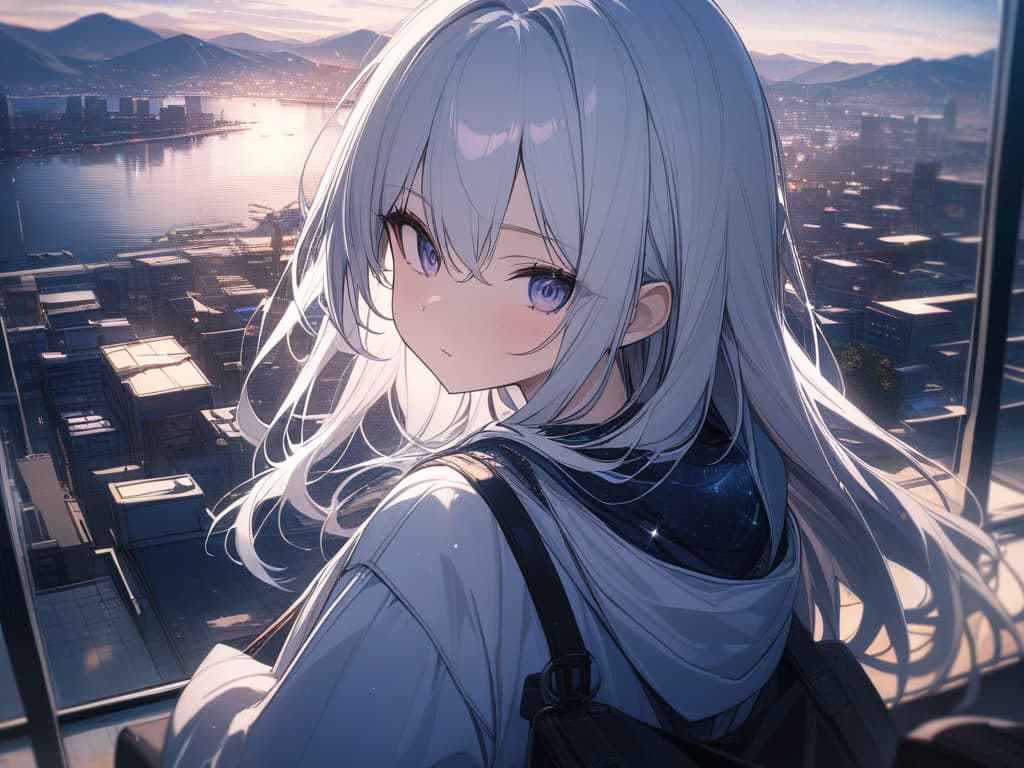  Parker, a little long, rooftop, girl, starry sky, white hair, city in urban city, masterpiece, best quality,8k,ultra detailed,high resolution,an extremely delicate and beautiful,hyper detail