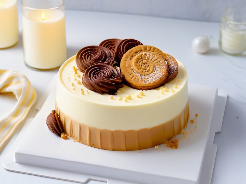  A minimalistic image of a decadent cheesecake topped with a swirl of rich Vegemiteinfused cream, set against a sleek, white marble backdrop. The cheesecake is perfectly sliced to reveal its creamy texture and intricate layers, with a sprinkle of crushed Vegemite biscuits delicately scattered around the plate. The lighting is soft and elegant, emphasizing the glossy finish of the dessert and inviting the viewer to savor the unique combination of flavors. hyperrealistic, full body, detailed clothing, highly detailed, cinematic lighting, stunningly beautiful, intricate, sharp focus, f/1. 8, 85mm, (centered image composition), (professionally color graded), ((bright soft diffused light)), volumetric fog, trending on instagram, trending on tumblr, HDR 4K, 8K