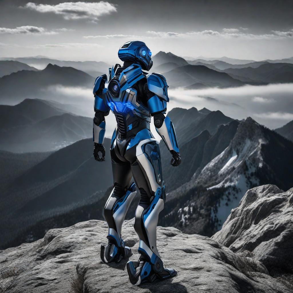  black and white pic magnificent blue sentinelaibot extreme matrix spectrum vivid mountain fire hyperrealistic, full body, detailed clothing, highly detailed, cinematic lighting, stunningly beautiful, intricate, sharp focus, f/1. 8, 85mm, (centered image composition), (professionally color graded), ((bright soft diffused light)), volumetric fog, trending on instagram, trending on tumblr, HDR 4K, 8K