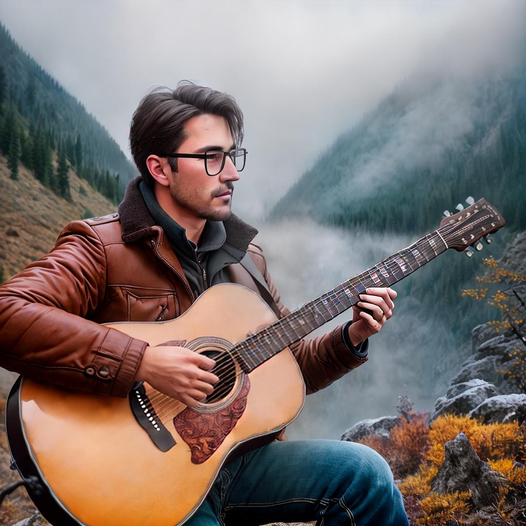  Dark blond brown-eyed guy with glasses plays guitar in the Altai Mountains ,highly detailed, cinematic lighting, stunningly beautiful, intricate, sharp focus, f1. 8, 85mm, (centered image composition), (professionally color graded), ((bright soft diffused light)), volumetric fog, trending on instagram, trending on tumblr, HDR 4K, 8K