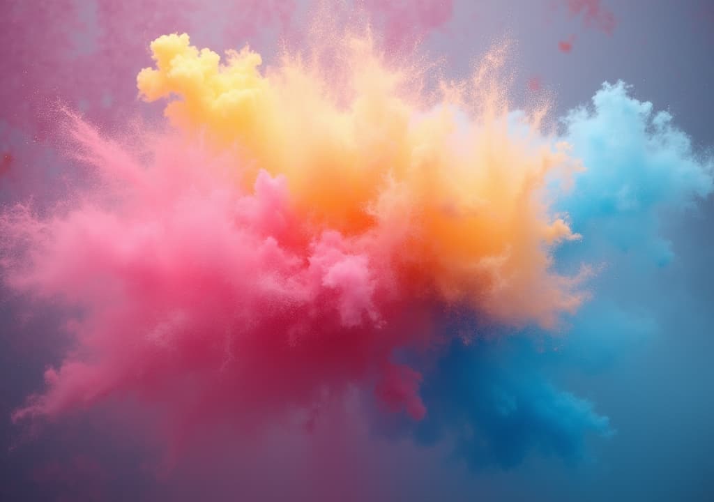  good quality, high quality, a stunning explosion of vibrant hues, including pink, yellow, and blue, capture mid air, resembling a colorful cloud of powder with dynamic energy and light effects.