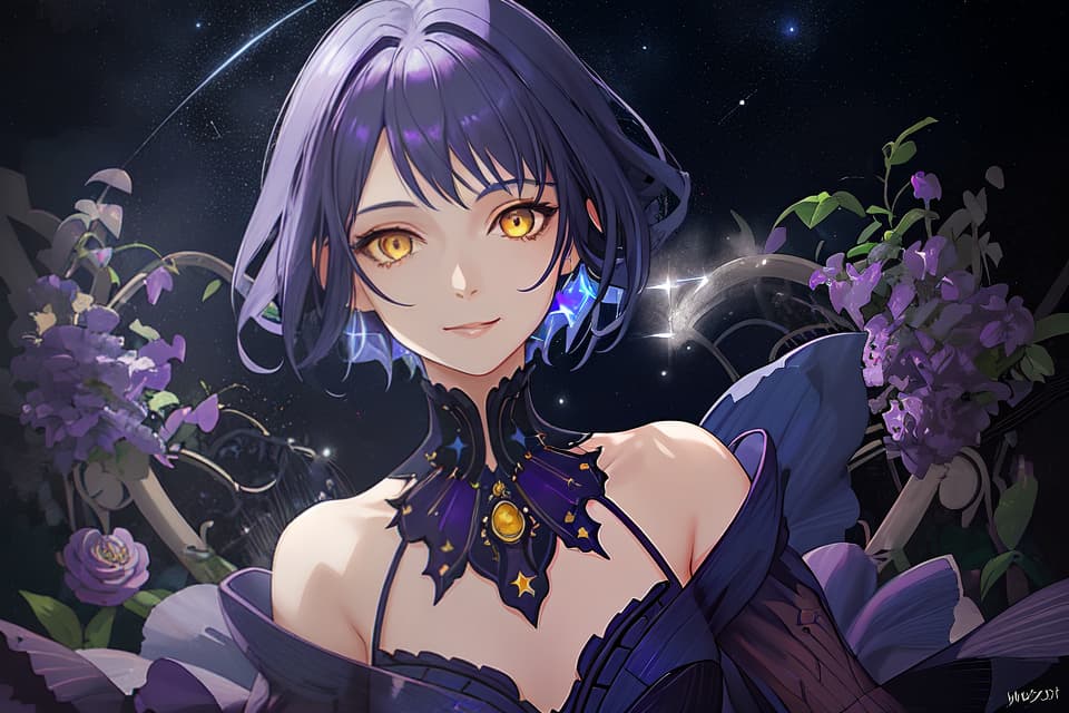  1 lady,indigo hair,pixie cut,yellow eyes,purple glittering dress,light smile,starry sky,garden,face close up