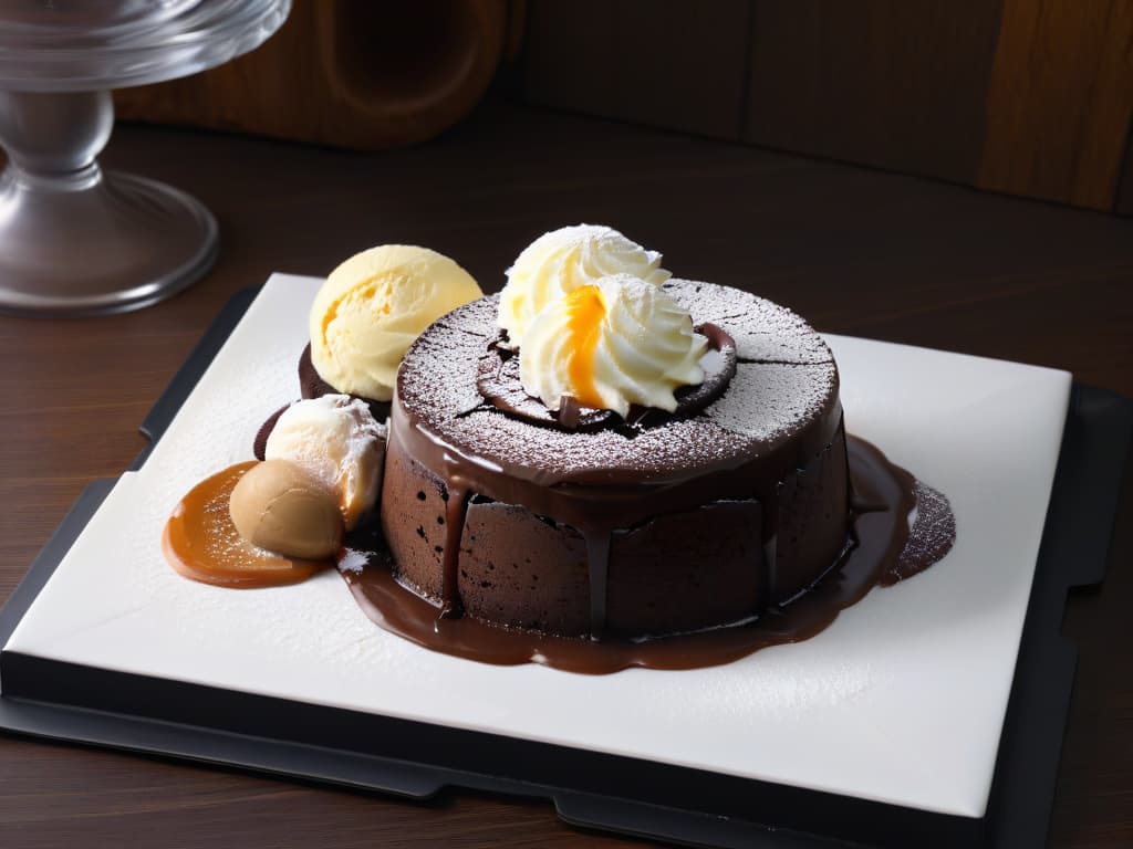  An ultradetailed closeup image of a decadent chocolate lava cake topped with a delicate scoop of creamy vanilla ice cream, set against a stark white plate to highlight the contrasting textures of the warm, gooey cake and the cold, smooth ice cream. The glossy surface of the cake reflects the ambient light, creating a visually striking composition that embodies the concept of texture contrast in pastry. hyperrealistic, full body, detailed clothing, highly detailed, cinematic lighting, stunningly beautiful, intricate, sharp focus, f/1. 8, 85mm, (centered image composition), (professionally color graded), ((bright soft diffused light)), volumetric fog, trending on instagram, trending on tumblr, HDR 4K, 8K