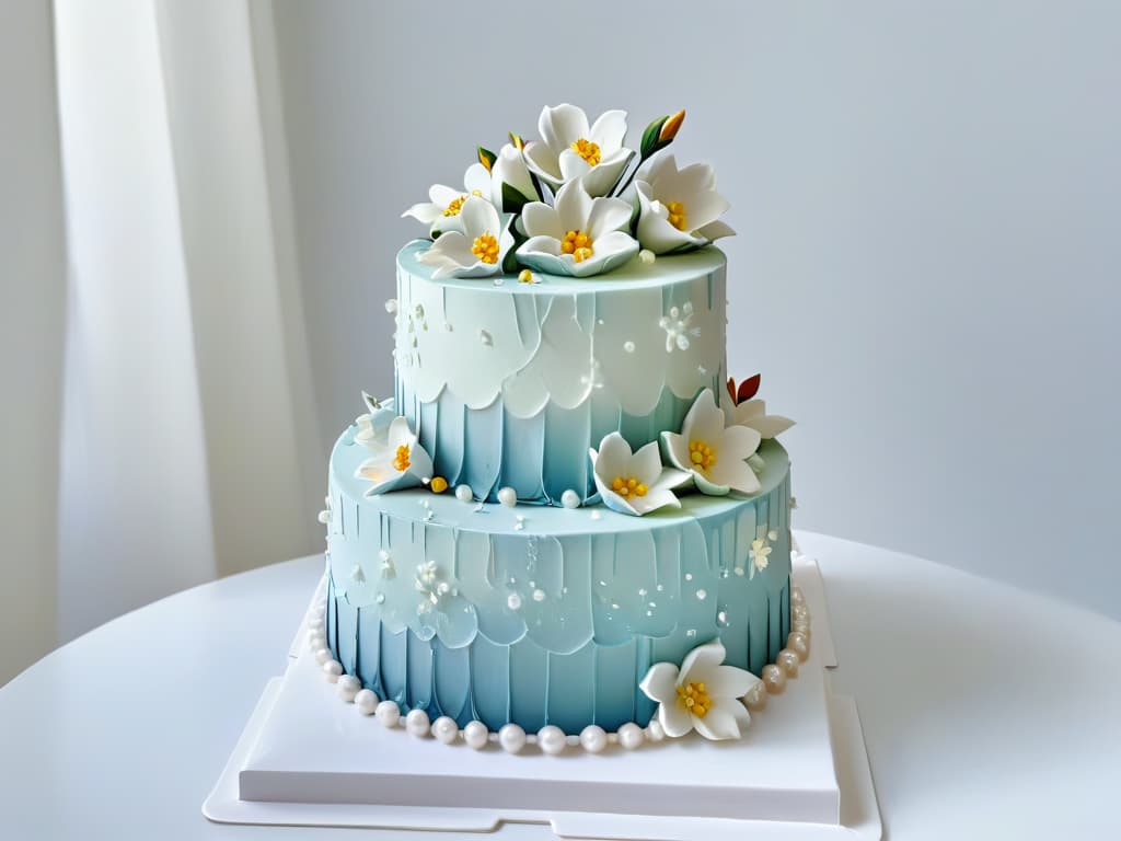  An ultradetailed photorealistic image of a stunning threetiered cake adorned with intricate edible decorations like delicate sugar flowers, shimmering edible pearls, and ornate fondant designs. The cake is set against a softfocus background, highlighting its exquisite details and craftsmanship, perfect for inspiring professional bakers and enthusiasts alike in their edible decoration endeavors. hyperrealistic, full body, detailed clothing, highly detailed, cinematic lighting, stunningly beautiful, intricate, sharp focus, f/1. 8, 85mm, (centered image composition), (professionally color graded), ((bright soft diffused light)), volumetric fog, trending on instagram, trending on tumblr, HDR 4K, 8K