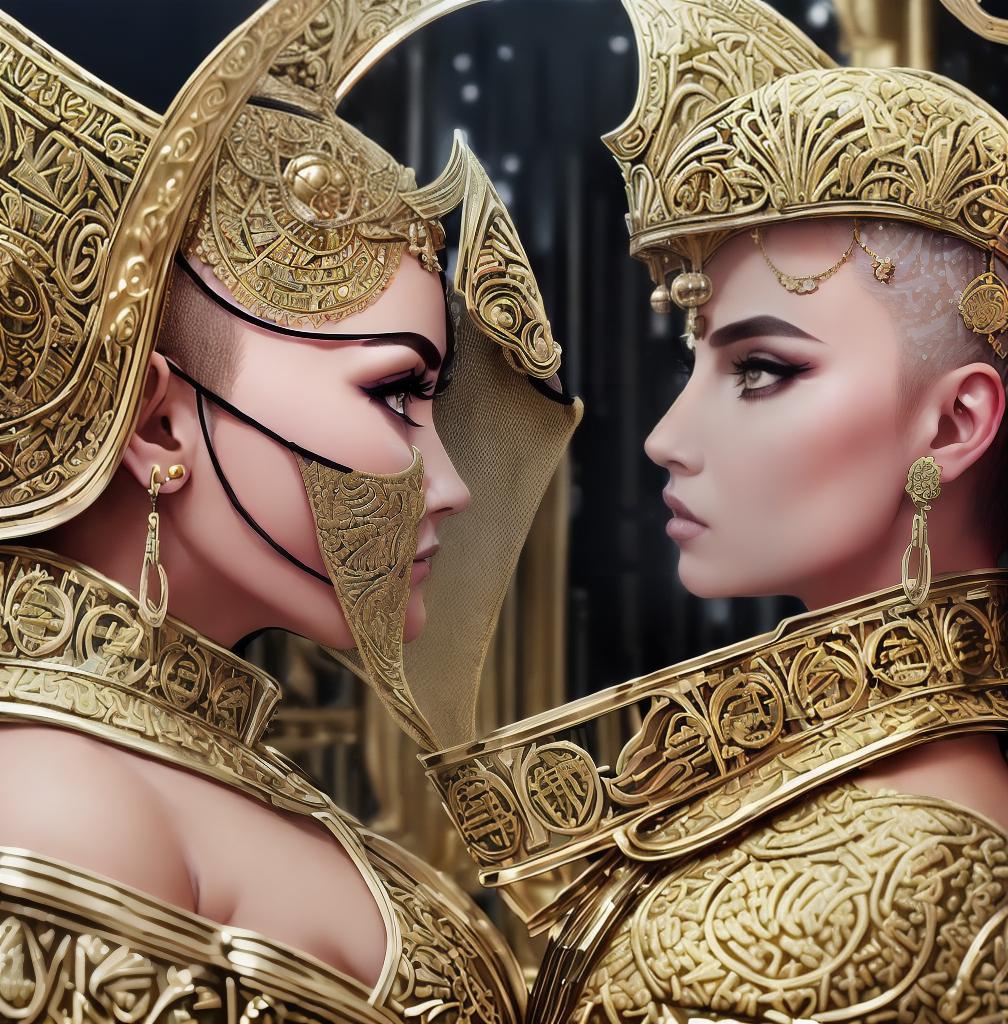  ((Side view:1.8)), ((masterpiece)),(((best quality))), ((futuristic empress, mature face, ((middle eastern eyes:1.4)), ((gold futuristic gown)), (((intricate futuristic breastplate))),