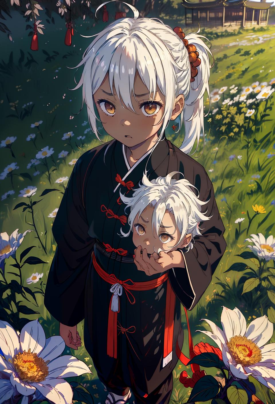  ((trending, highres, masterpiece, cinematic shot)), 1boy, chibi, male chinese outfit, flower field scene, medium-length messy white hair, long ponytail, large amber eyes, antisocial, loner personality, surprised expression, very dark skin, epic, toned