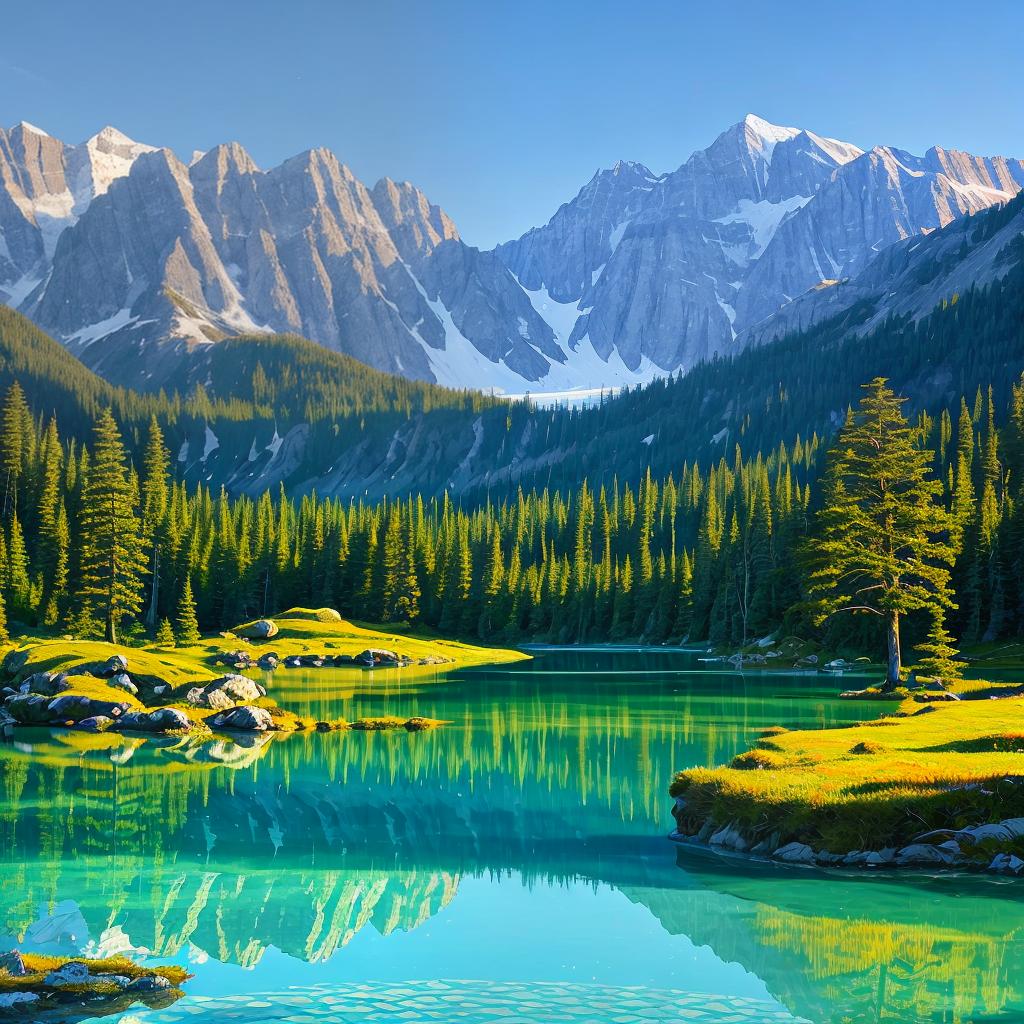  as a painting, Convey the serene majesty of towering mountains reflected in the crystal-clear waters of a tranquil alpine lake, using your unique artistic vision to evoke a sense of awe and tranquility.