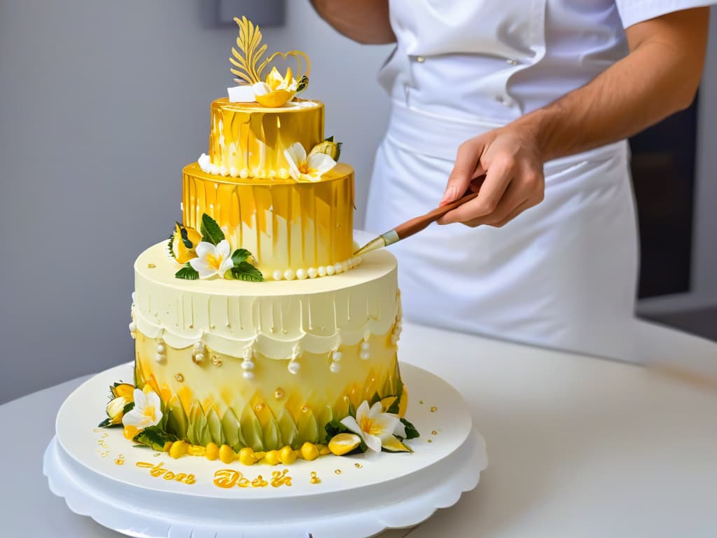  A photorealistic image of a master pastry chef delicately painting intricate designs on a multitiered wedding cake using edible gold paint, showcasing precision and expertise in the art of edible painting. The chef's focused expression, the shimmering gold details, and the elegant cake design exude professionalism and inspire awe in the viewer, perfectly complementing the tone and content of the article on professional tips for using edible paint in pastry decoration. hyperrealistic, full body, detailed clothing, highly detailed, cinematic lighting, stunningly beautiful, intricate, sharp focus, f/1. 8, 85mm, (centered image composition), (professionally color graded), ((bright soft diffused light)), volumetric fog, trending on instagram, trending on tumblr, HDR 4K, 8K