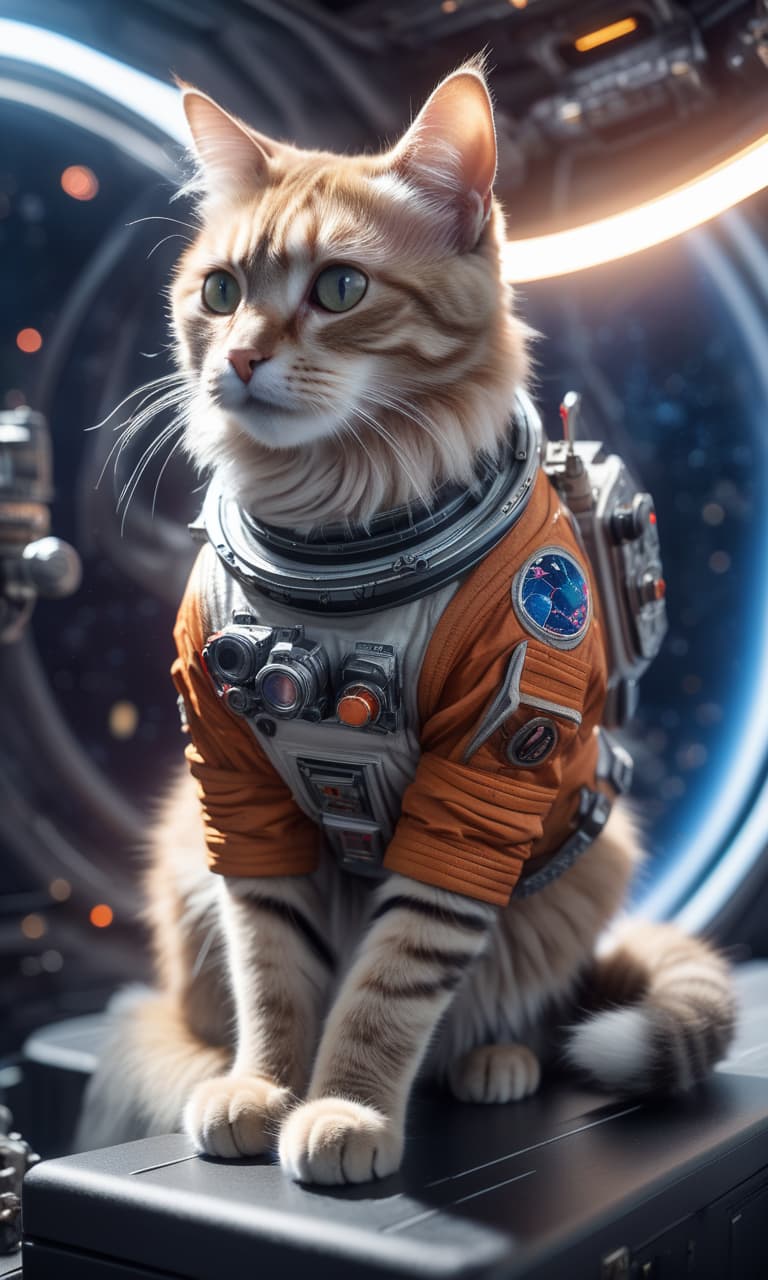  Cat in Space hyperrealistic, full body, detailed clothing, highly detailed, cinematic lighting, stunningly beautiful, intricate, sharp focus, f/1. 8, 85mm, (centered image composition), (professionally color graded), ((bright soft diffused light)), volumetric fog, trending on instagram, trending on tumblr, HDR 4K, 8K