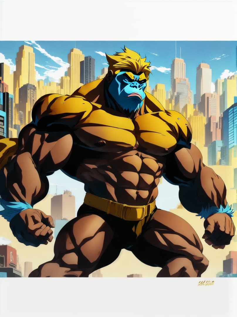  , anime-style illustration of a gorilla with extreme muscular development, in a dynamic pose that captures a 'roid rage'.<lora:chad97qi:0.07655424501345531><lora:yellow-family:0.25172963598036135><lora:octoghibli:0.8723620831649697><lora:ae-t-pagepal:0.23817375049702716> hyperrealistic, full body, detailed clothing, highly detailed, cinematic lighting, stunningly beautiful, intricate, sharp focus, f/1. 8, 85mm, (centered image composition), (professionally color graded), ((bright soft diffused light)), volumetric fog, trending on instagram, trending on tumblr, HDR 4K, 8K