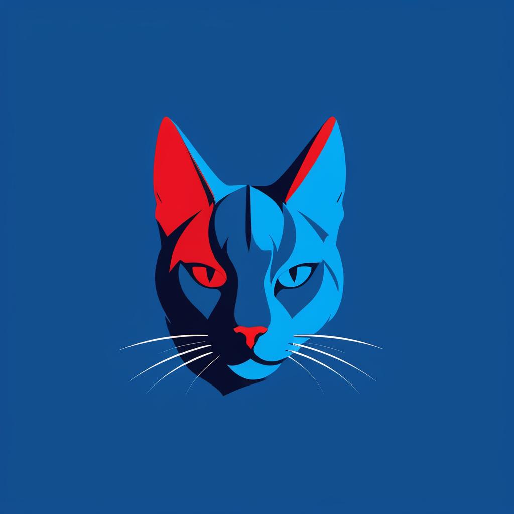  Minimalistic logo of a cat, blue and red background