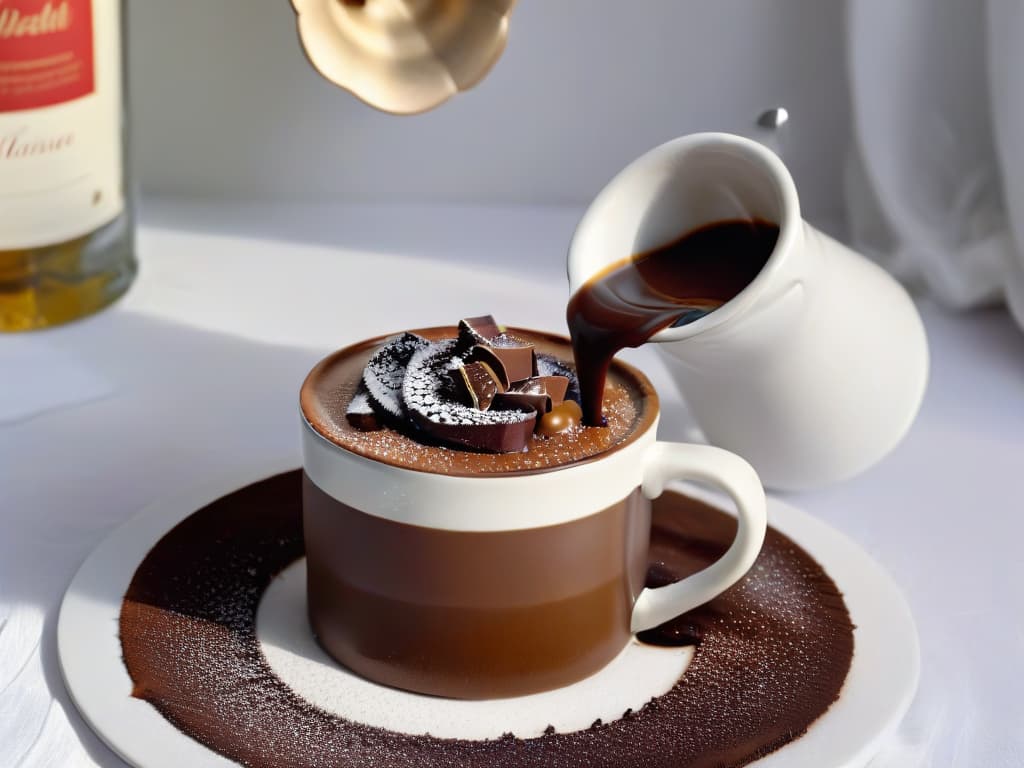  A closeup, photorealistic image of a traditional Spanish chocolate a la taza being poured from a ceramic jug into a small, elegant porcelain cup. The rich, velvety chocolate is thick and creamy, with a glossy sheen on the surface. The steam rises delicately from the cup, and you can see small bubbles forming on the edges of the liquid. The background is softly blurred, highlighting the chocolate and creating a warm, inviting atmosphere. hyperrealistic, full body, detailed clothing, highly detailed, cinematic lighting, stunningly beautiful, intricate, sharp focus, f/1. 8, 85mm, (centered image composition), (professionally color graded), ((bright soft diffused light)), volumetric fog, trending on instagram, trending on tumblr, HDR 4K, 8K