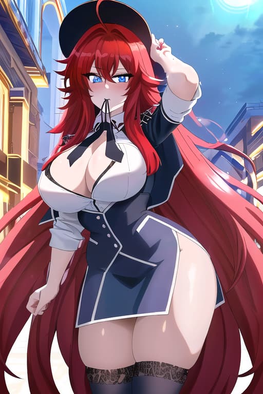  with erect in her mouth,masterpiece, best quality, 1women, long red hair, looking at viewer, :3, cute, black uniform, outdoors, streets, cowboy shot, curvy, (((blue eyes))), rias gremory, red hair, antenna hair, wavy hair, ((beautiful detailed eyes, beautiful detailed glow, lots of glow)), anime screencap