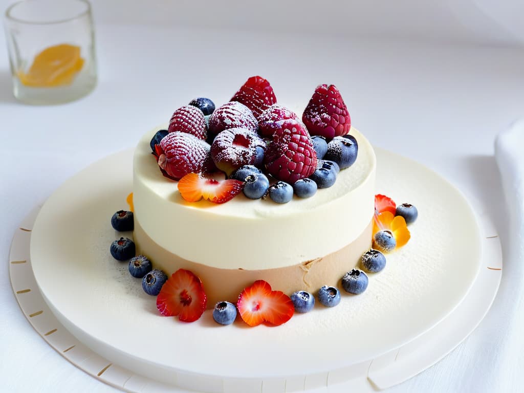  An elegant, minimalistic image of a beautifully plated lowcalorie dessert made with xylitol, featuring intricate layers of creamy frosting, fresh berries, and delicate edible flowers. The dessert is set on a pristine white plate, against a soft pastel backdrop, with natural light casting gentle shadows to highlight the exquisite details of the dessert. hyperrealistic, full body, detailed clothing, highly detailed, cinematic lighting, stunningly beautiful, intricate, sharp focus, f/1. 8, 85mm, (centered image composition), (professionally color graded), ((bright soft diffused light)), volumetric fog, trending on instagram, trending on tumblr, HDR 4K, 8K